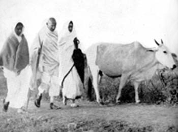 Gandhi on his daily walk, Wardha, 1934