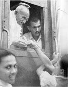 Collecting money for the Harijan Fund on his way to Poona, June 15, 1944