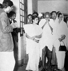 Gandhi with Amrit Kaur at the All-India Radio, New Delhi, from where he gave a broadcast message to refugees on November 12, 1947